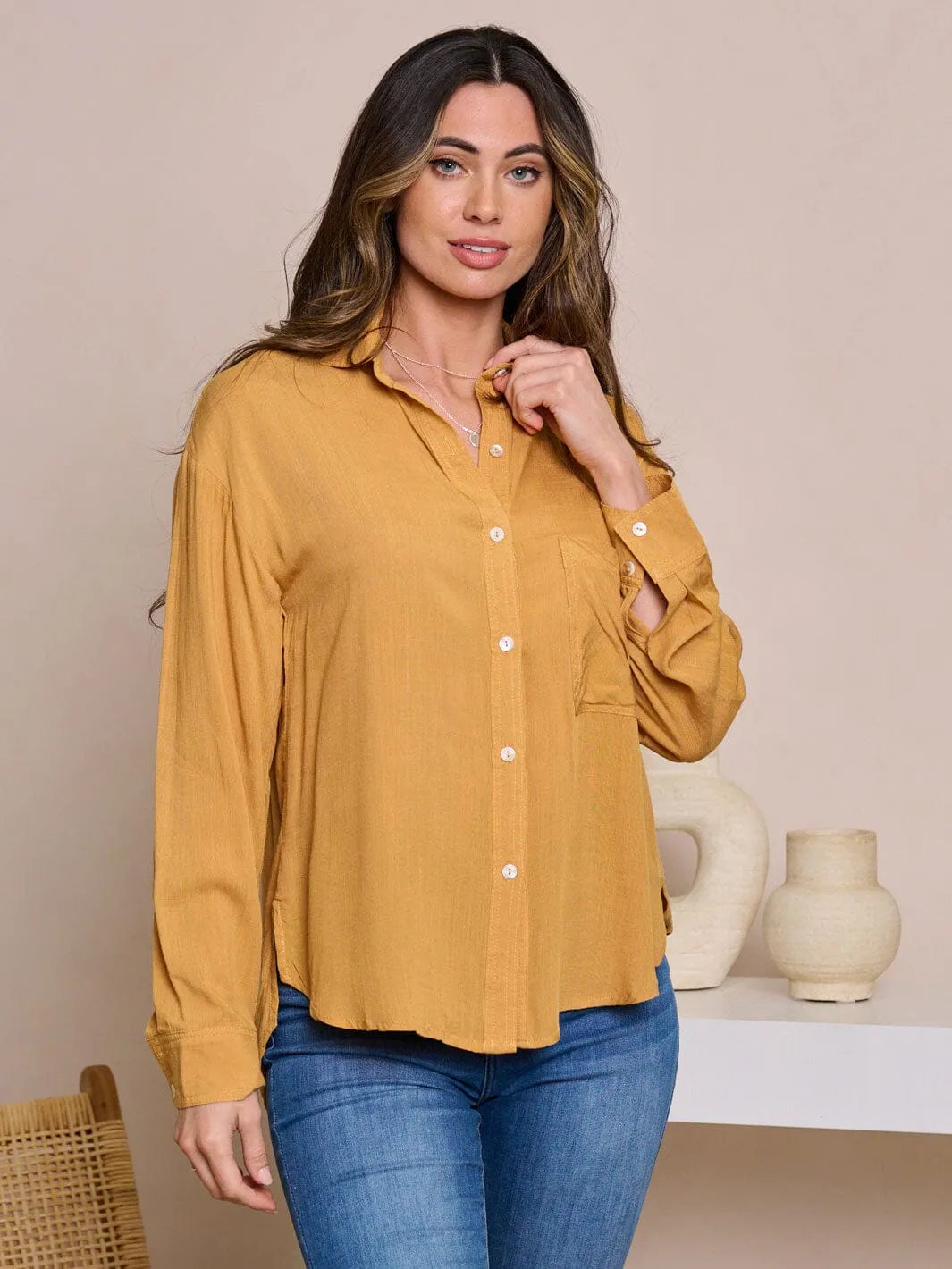 WOMEN'S LONG SLEEVE V-NECK BUTTON UP HIGH-LOW BLOUSE TOP