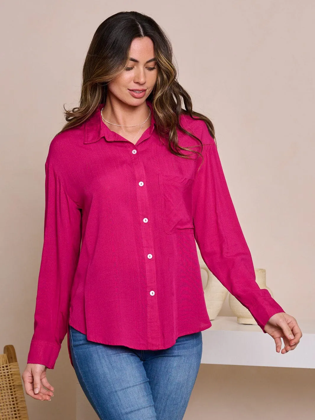 WOMEN'S LONG SLEEVE V-NECK BUTTON UP HIGH-LOW BLOUSE TOP