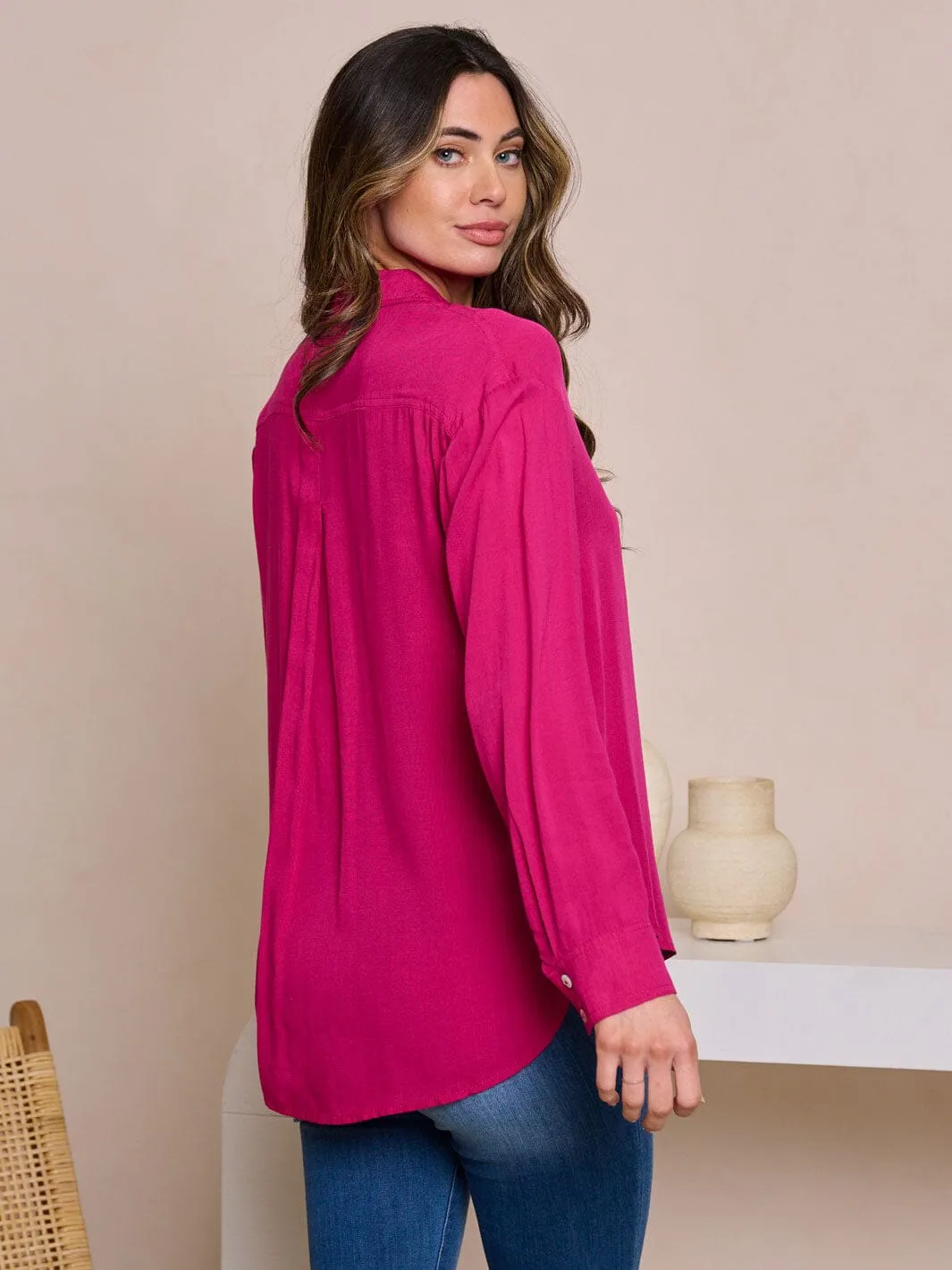 WOMEN'S LONG SLEEVE V-NECK BUTTON UP HIGH-LOW BLOUSE TOP