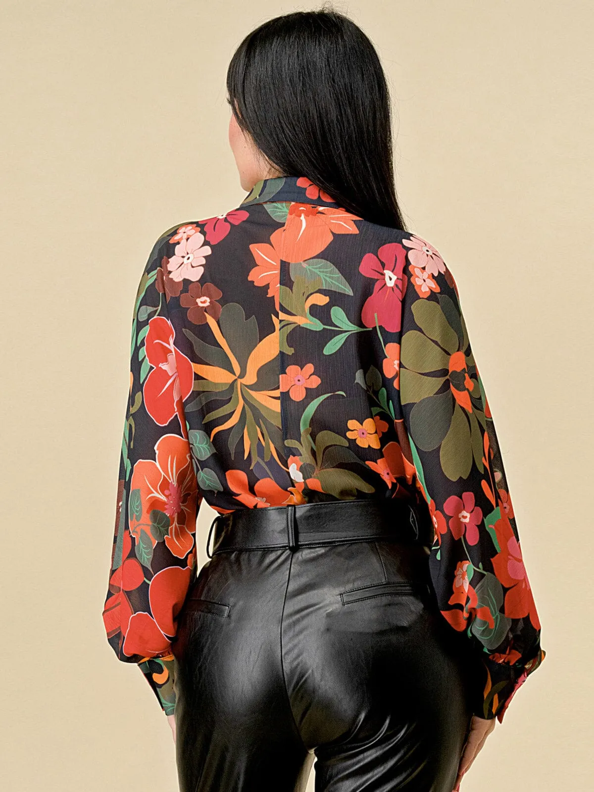 WOMEN'S LONG SLEEVES BUTTON UP FLOWER PRINT BLOUSE