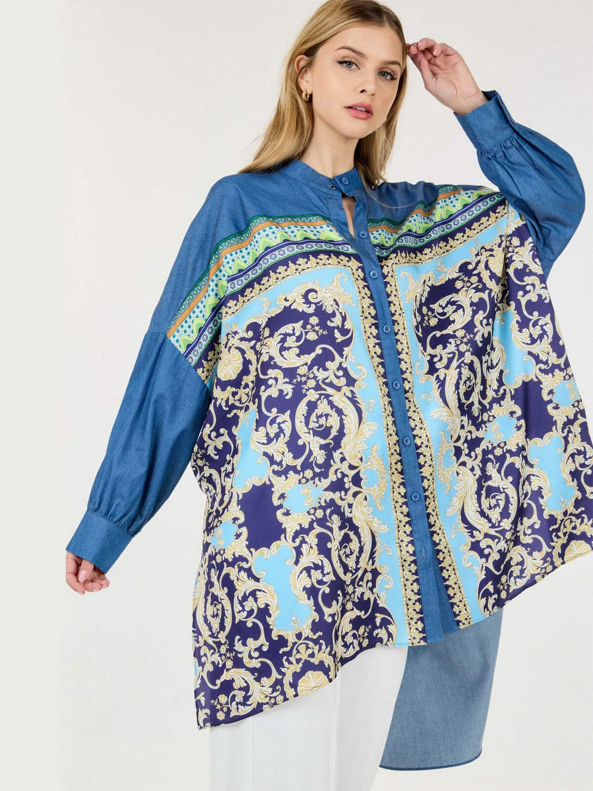 WOMEN'S LONG SLEEVES BUTTON UP HIGH-LOW PRINTED TUNIC BLOUSE