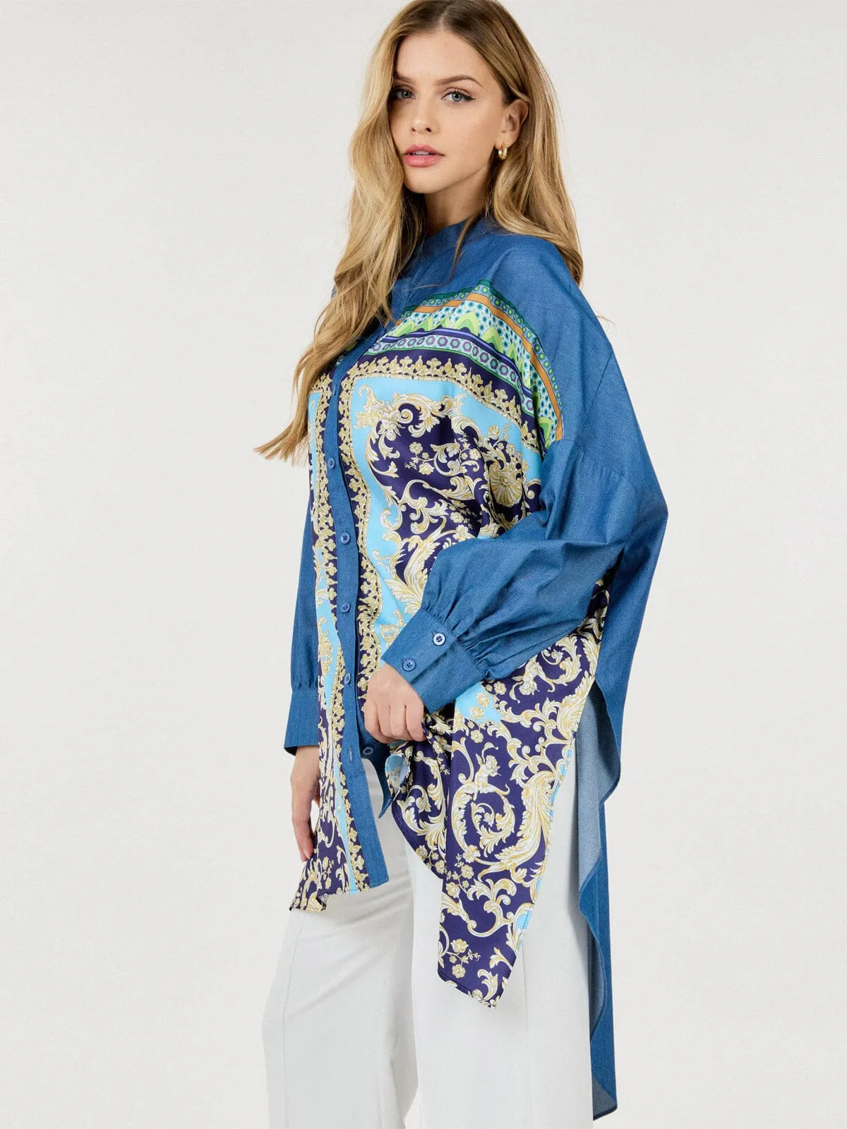 WOMEN'S LONG SLEEVES BUTTON UP HIGH-LOW PRINTED TUNIC BLOUSE