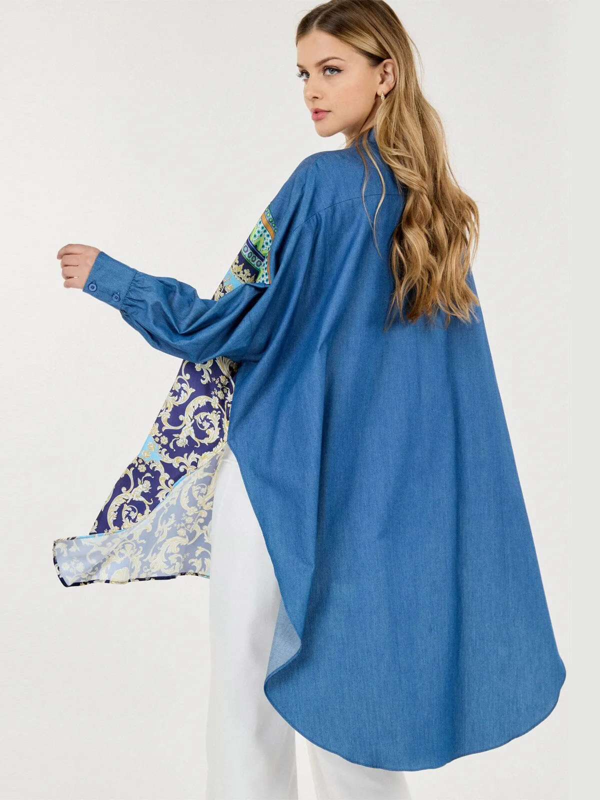 WOMEN'S LONG SLEEVES BUTTON UP HIGH-LOW PRINTED TUNIC BLOUSE