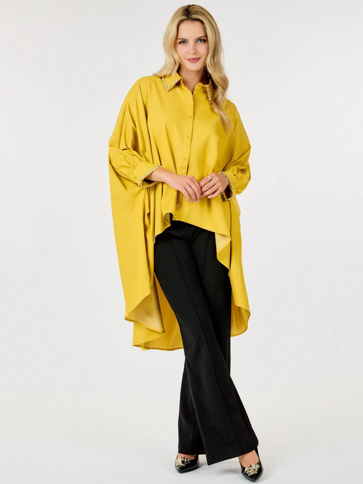 WOMEN'S LONG SLEEVES BUTTON UP HIGH-LOW STUDS DETAILED BLOUSE