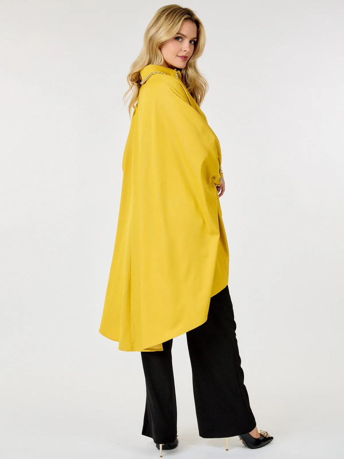 WOMEN'S LONG SLEEVES BUTTON UP HIGH-LOW STUDS DETAILED BLOUSE