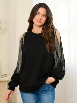 WOMEN'S LONG SLEEVES COLD SHOULDER FRINGE DETAILED TOP