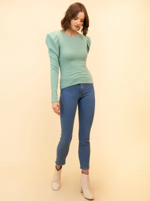 WOMEN'S LONG SLLEEVE PUFF SHOULDER KNIT TOP