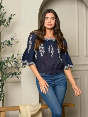 WOMEN'S OFF SHOULDER SHORT SLEEVE EMBROIDERY TOP