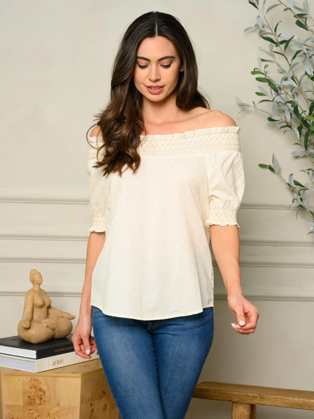 WOMEN'S OFF SHOULDER SWISS DOT DETAILED TOP