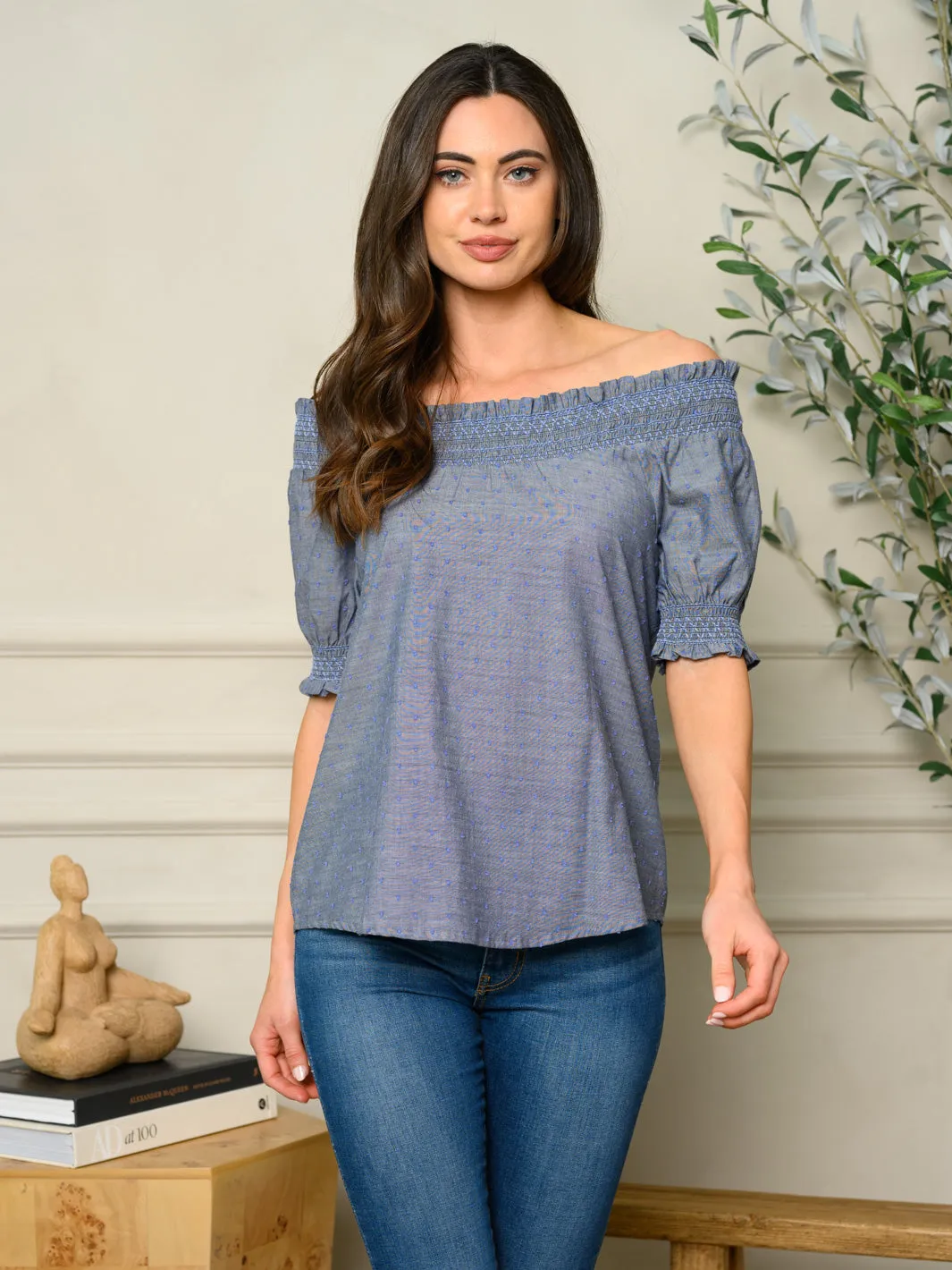 WOMEN'S OFF SHOULDER SWISS DOT DETAILED TOP