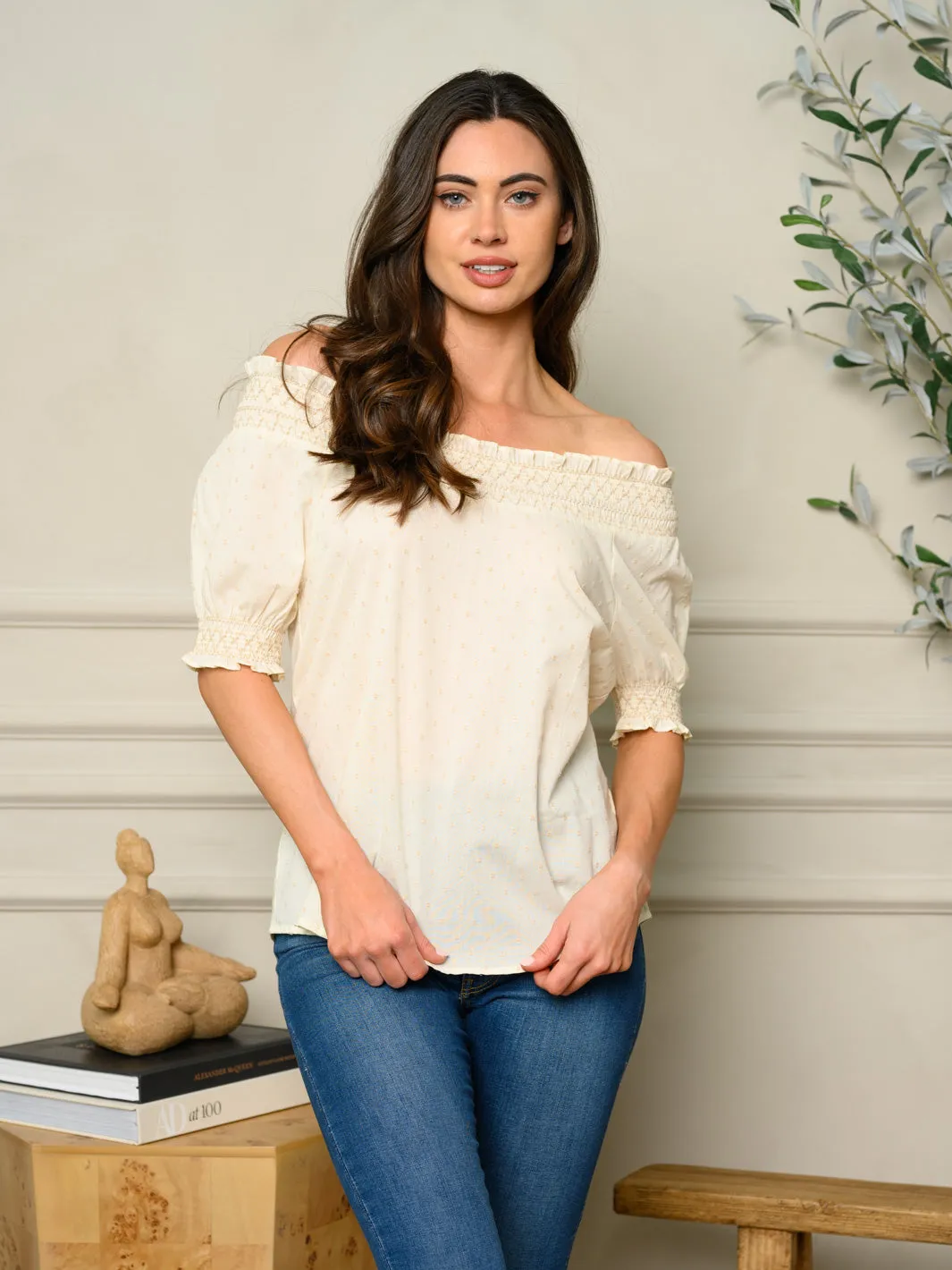 WOMEN'S OFF SHOULDER SWISS DOT DETAILED TOP