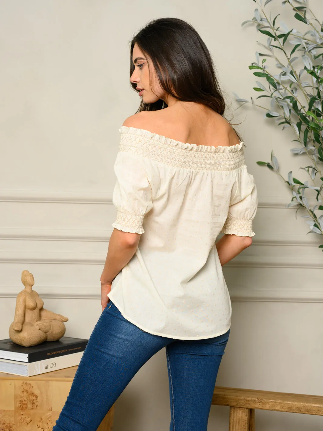 WOMEN'S OFF SHOULDER SWISS DOT DETAILED TOP