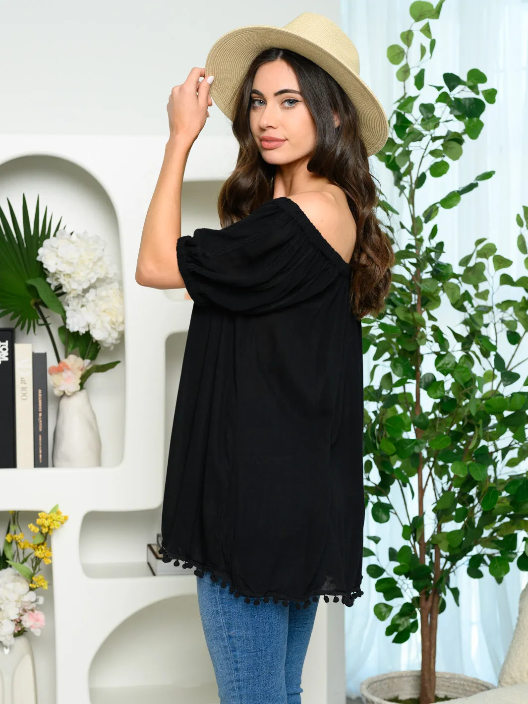 WOMEN'S OFF SHOULDER TRIM DETAIL TUNIC TOP
