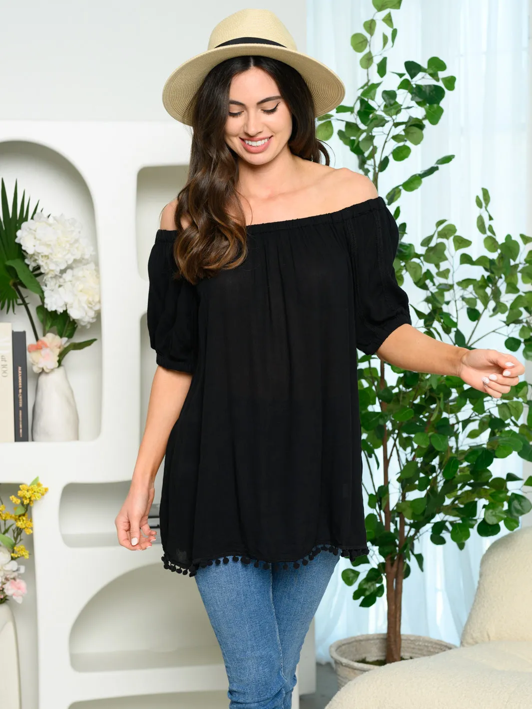 WOMEN'S OFF SHOULDER TRIM DETAIL TUNIC TOP