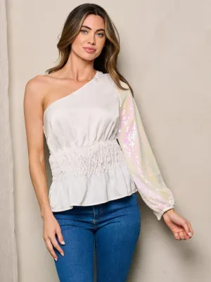 WOMEN'S ONE SHOULDER SMOCK WAIST SEQUINS DETAILED LONG SLEEVE TOP