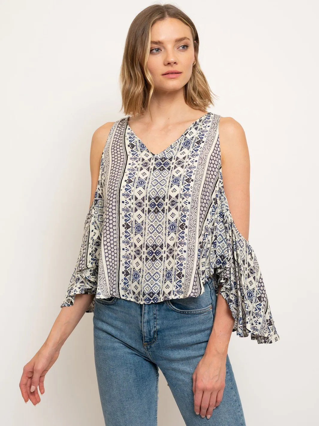WOMEN'S PRINT COLD SHOULDER V-NECK TOP