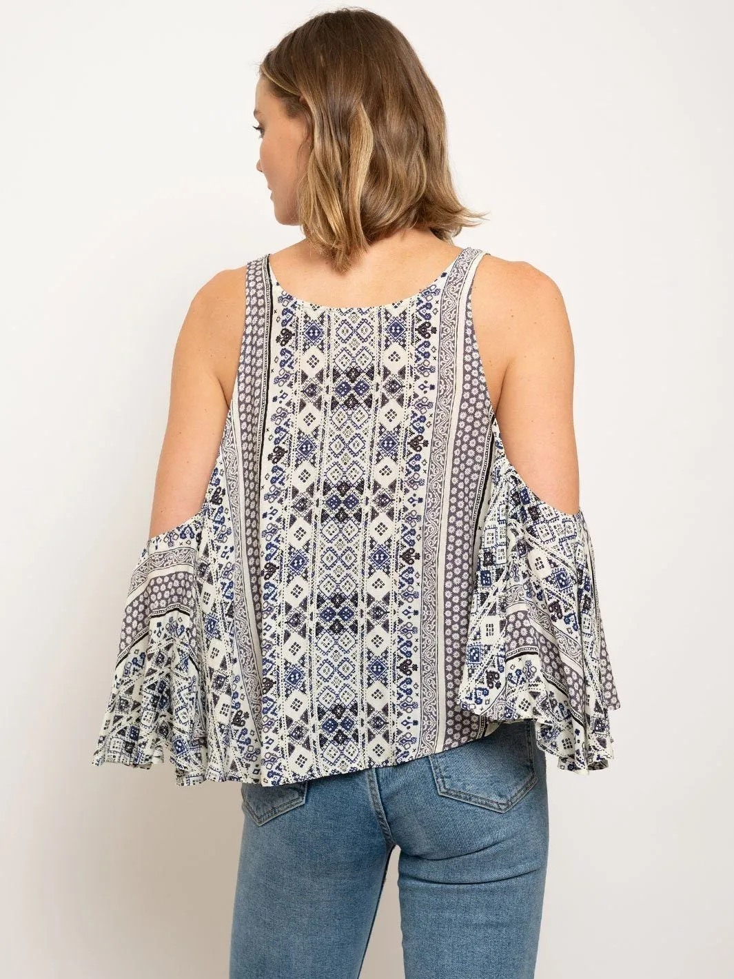 WOMEN'S PRINT COLD SHOULDER V-NECK TOP