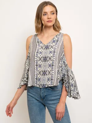 WOMEN'S PRINT COLD SHOULDER V-NECK TOP