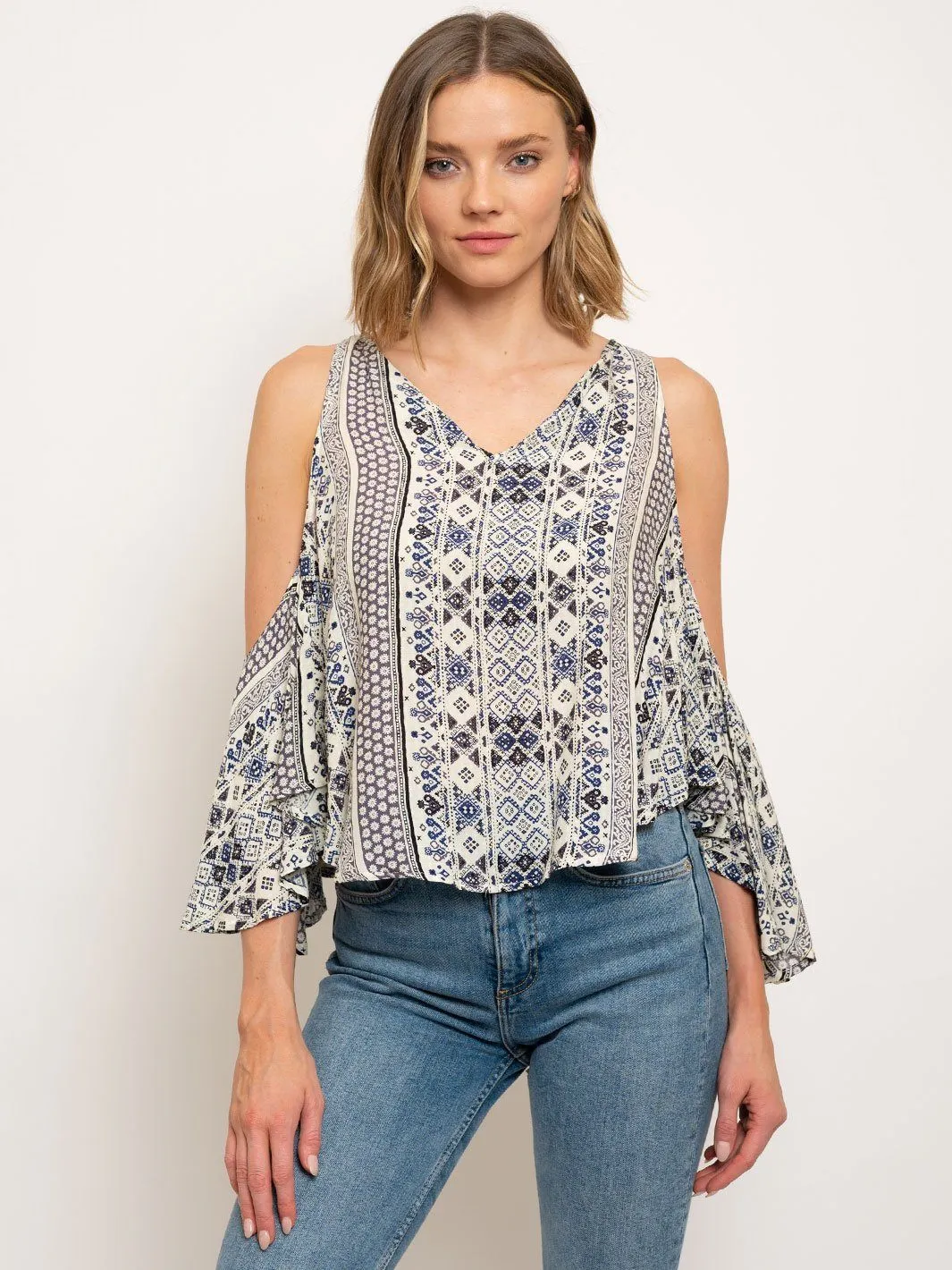 WOMEN'S PRINT COLD SHOULDER V-NECK TOP
