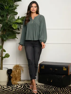WOMEN'S PUFF LONG SLEEVE SWISS DOT BUTTON UP DETAIL TOP