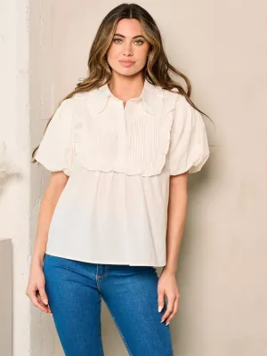 WOMEN'S SHORT PUFF SLEEVE BUTTON UP RUFFLE TOP
