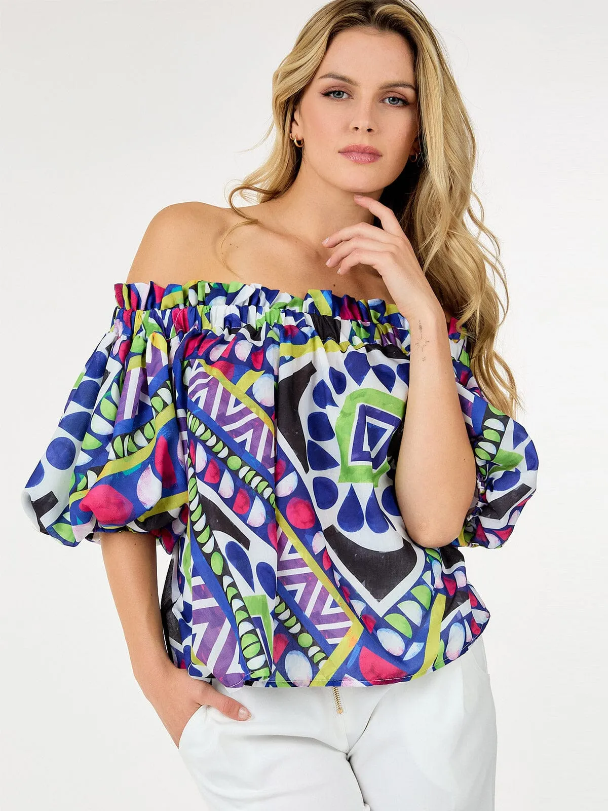 WOMEN'S SHORT PUFF SLEEVE OFF SHOULDER MULTI PRINT BLOUSE