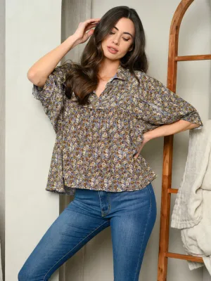 WOMEN'S SHORT SLEEVE BUTTON UP FLORAL TOP