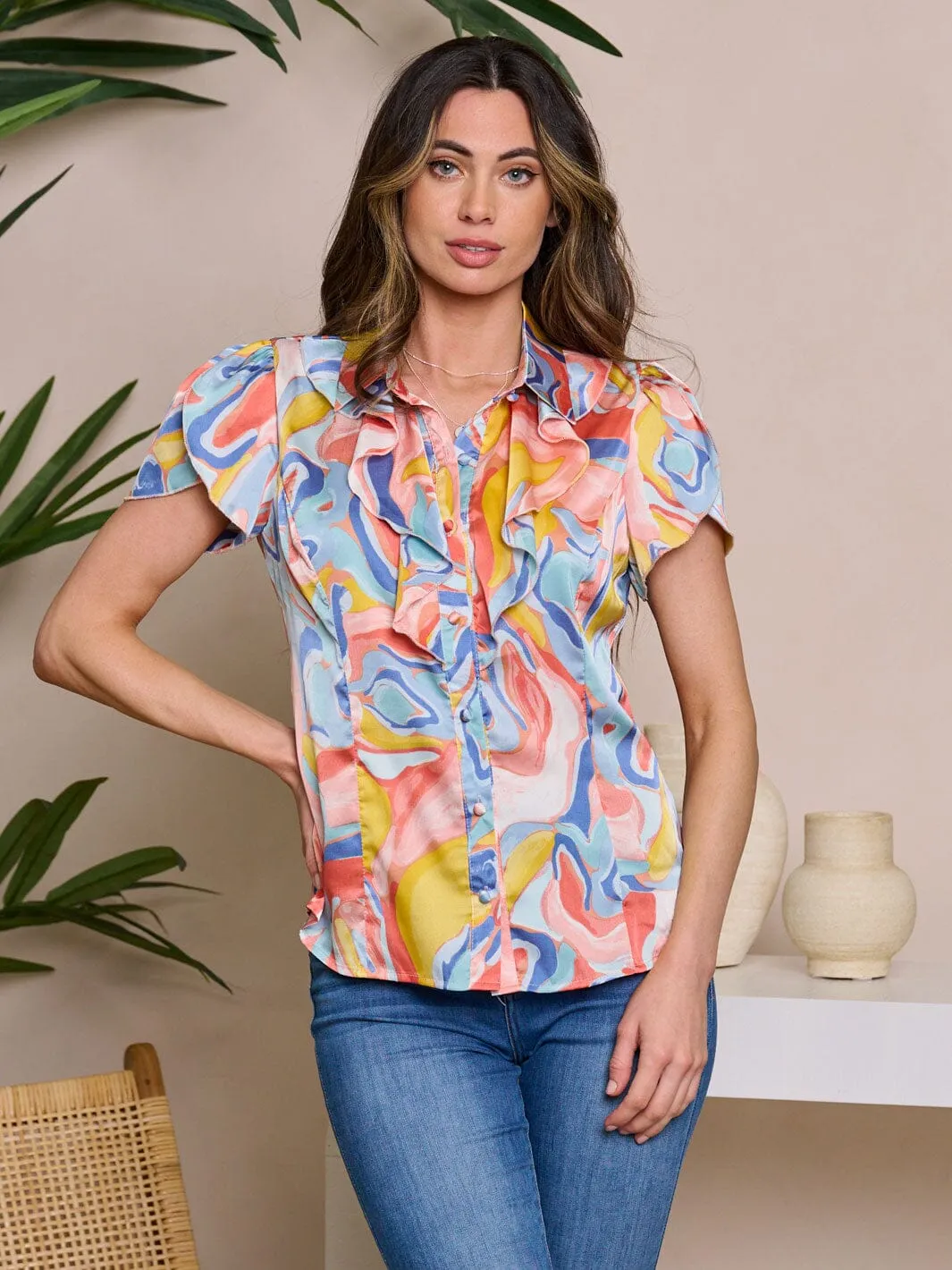 WOMEN'S SHORT SLEEVE BUTTON UP RUFFLE MULTI PRINT TOP