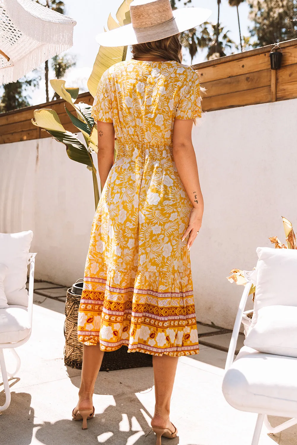 Yellow Floral Wrapped V Neck Tied Ruffled Sleeves Midi Dress