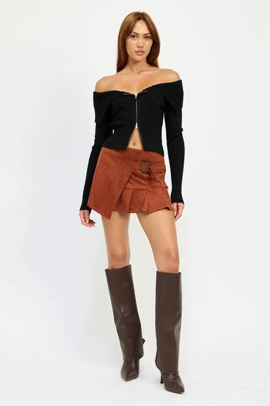 ZIP FRONT BARDOT SHOULDER TOP